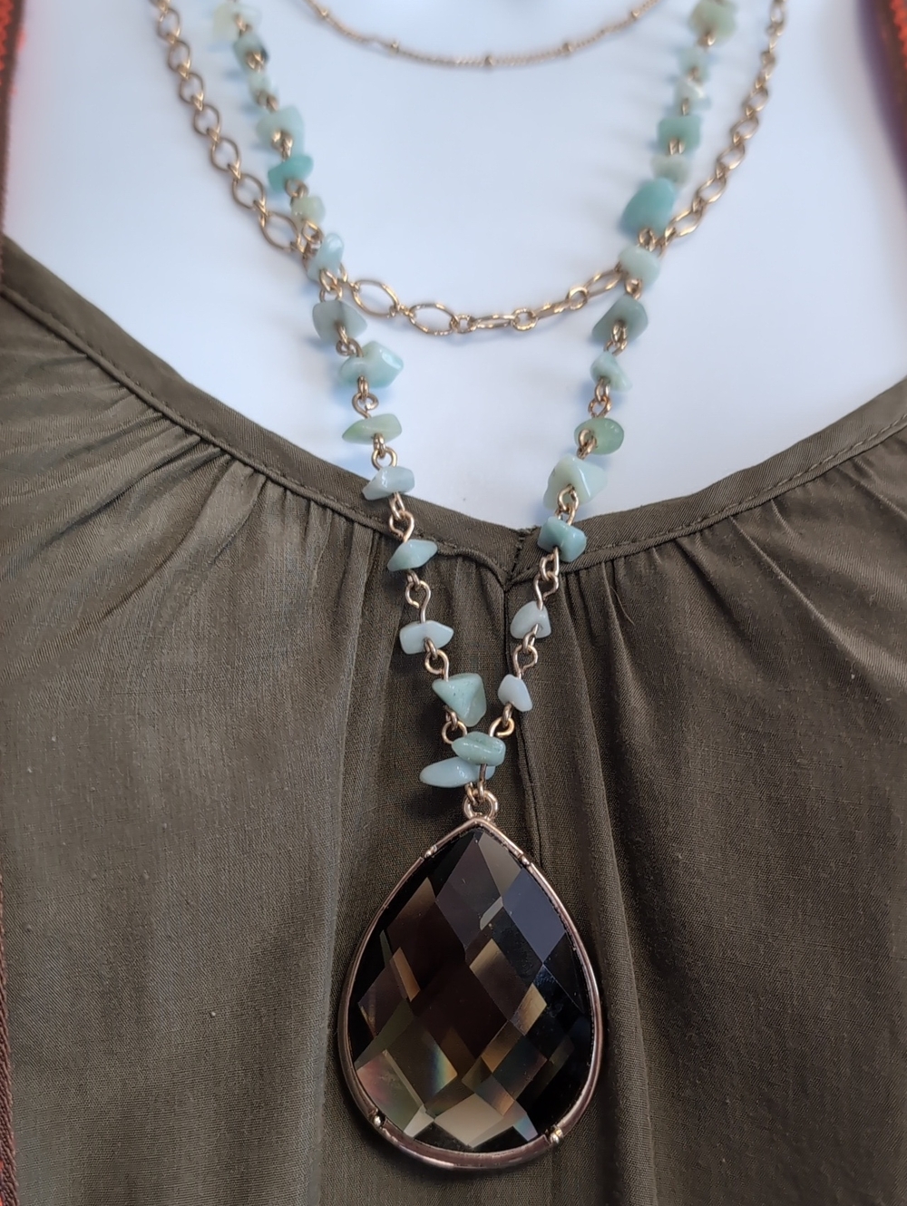Avon Gold Layered Necklace with Pale Green Beads and Smoky Teardrop - Picture 2 of 7